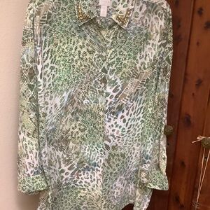 Chicos Animal Print Blouse/ Tunic Jeweled Collar Size 1